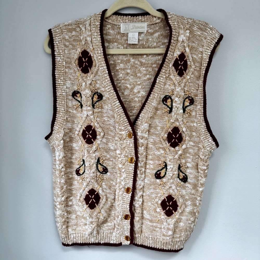 ID Distinctions L Cable Knit Sweater Vest Embroidered Argyle Cottagecore Layers